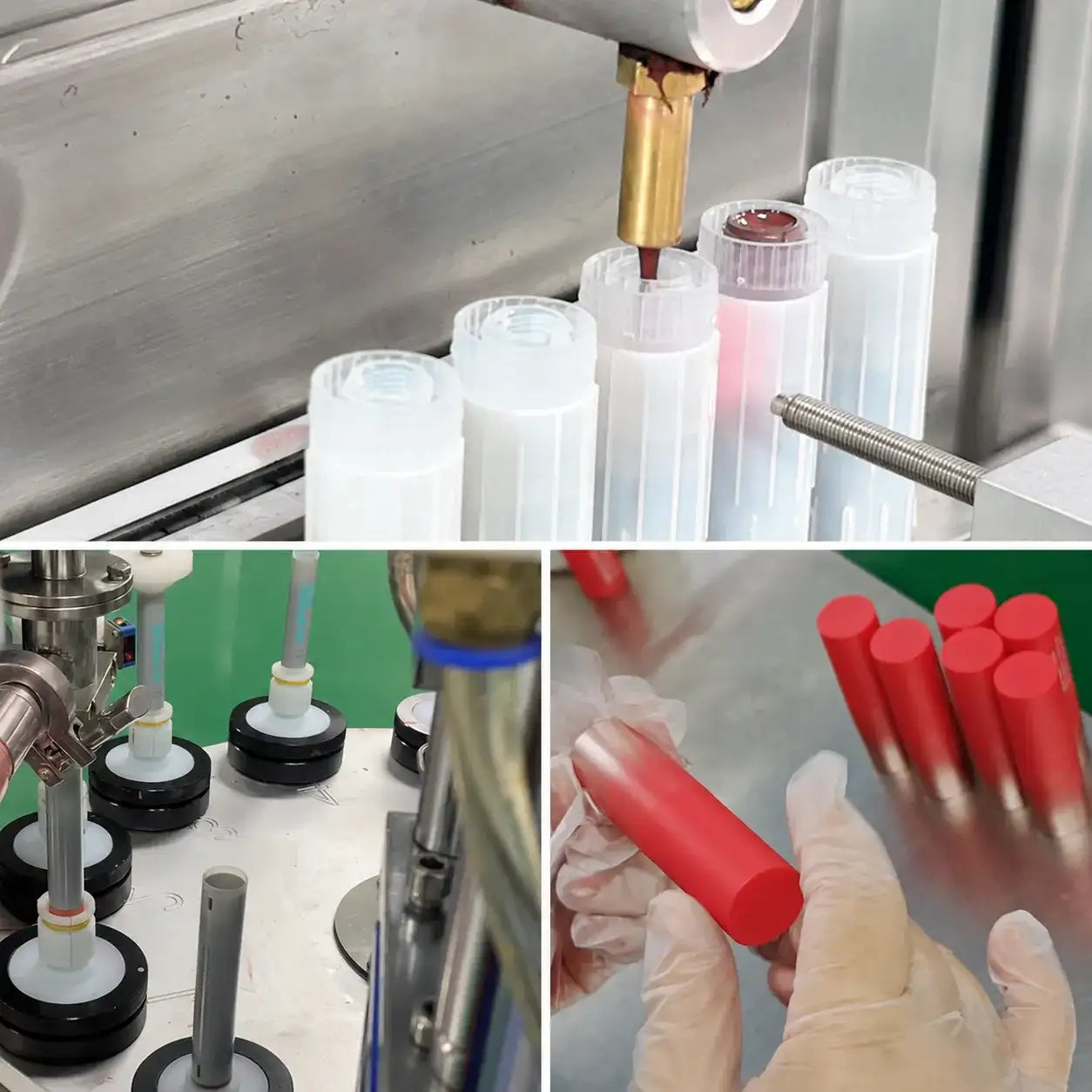 China makeup manufacturing at KAIYA, showing stick makeup filling, production line processing, and finished product inspection for overseas beauty buyers.