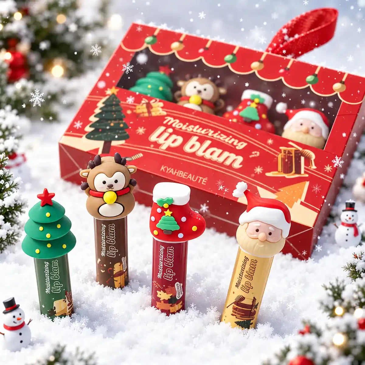 Christmas lip balms with tree, reindeer, stocking and Santa caps in front of an open red gift box.