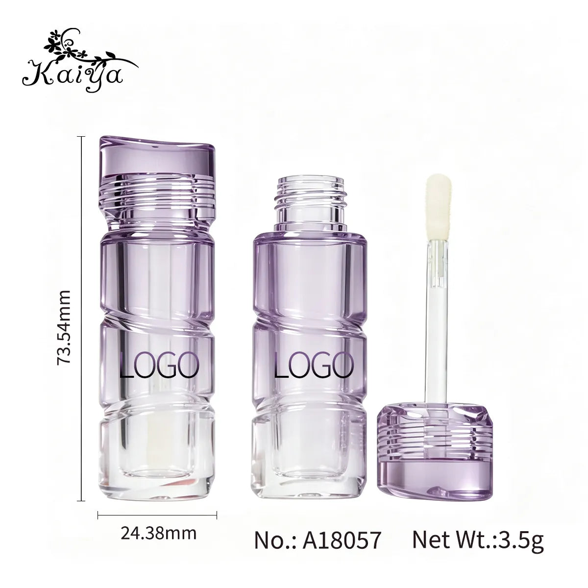 Clear lip gloss containers showing bottle dimensions and applicator structure