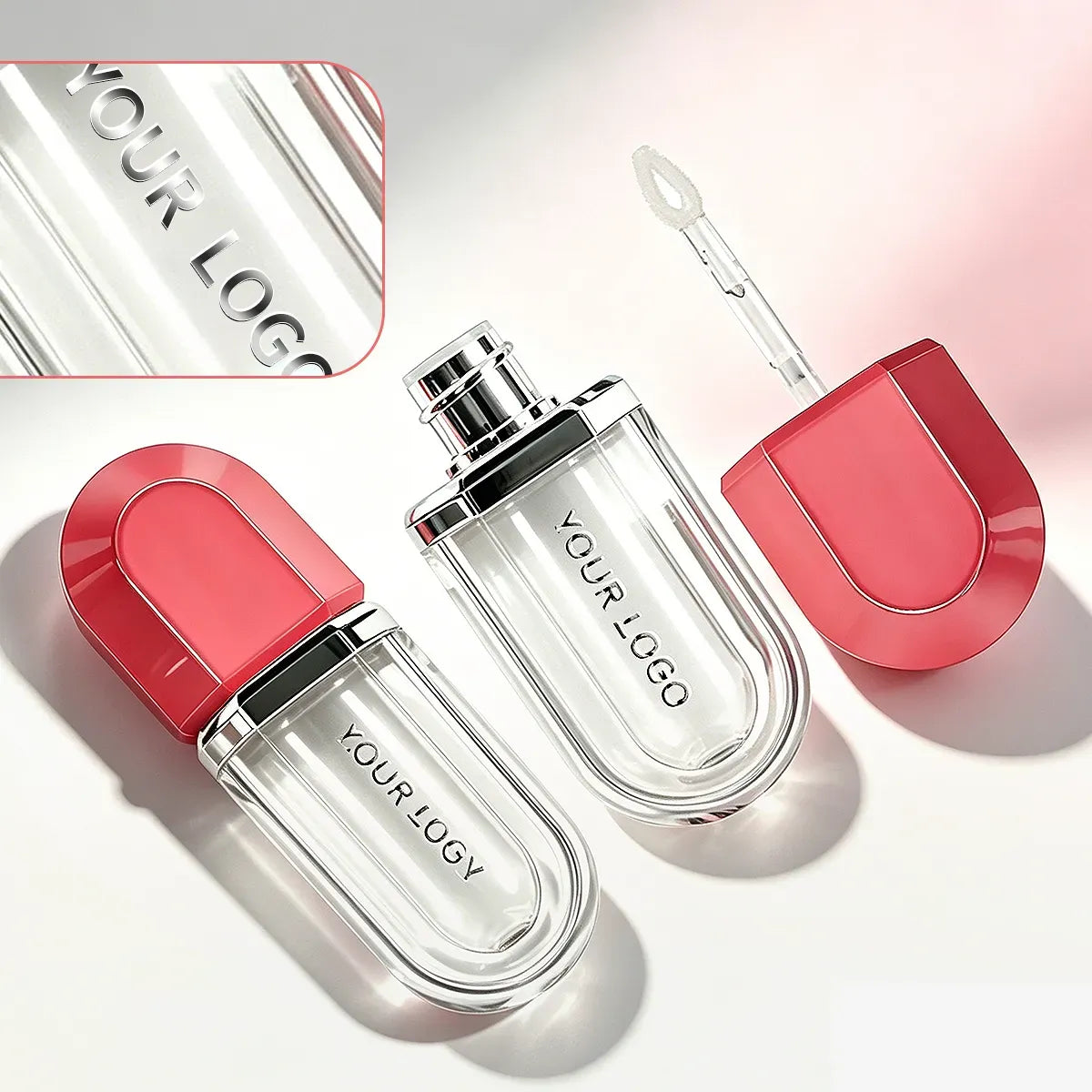 Kaiya clear lip gloss tube and unique lip gloss tubes with silver hot stamping logo detail for custom lip gloss packaging.