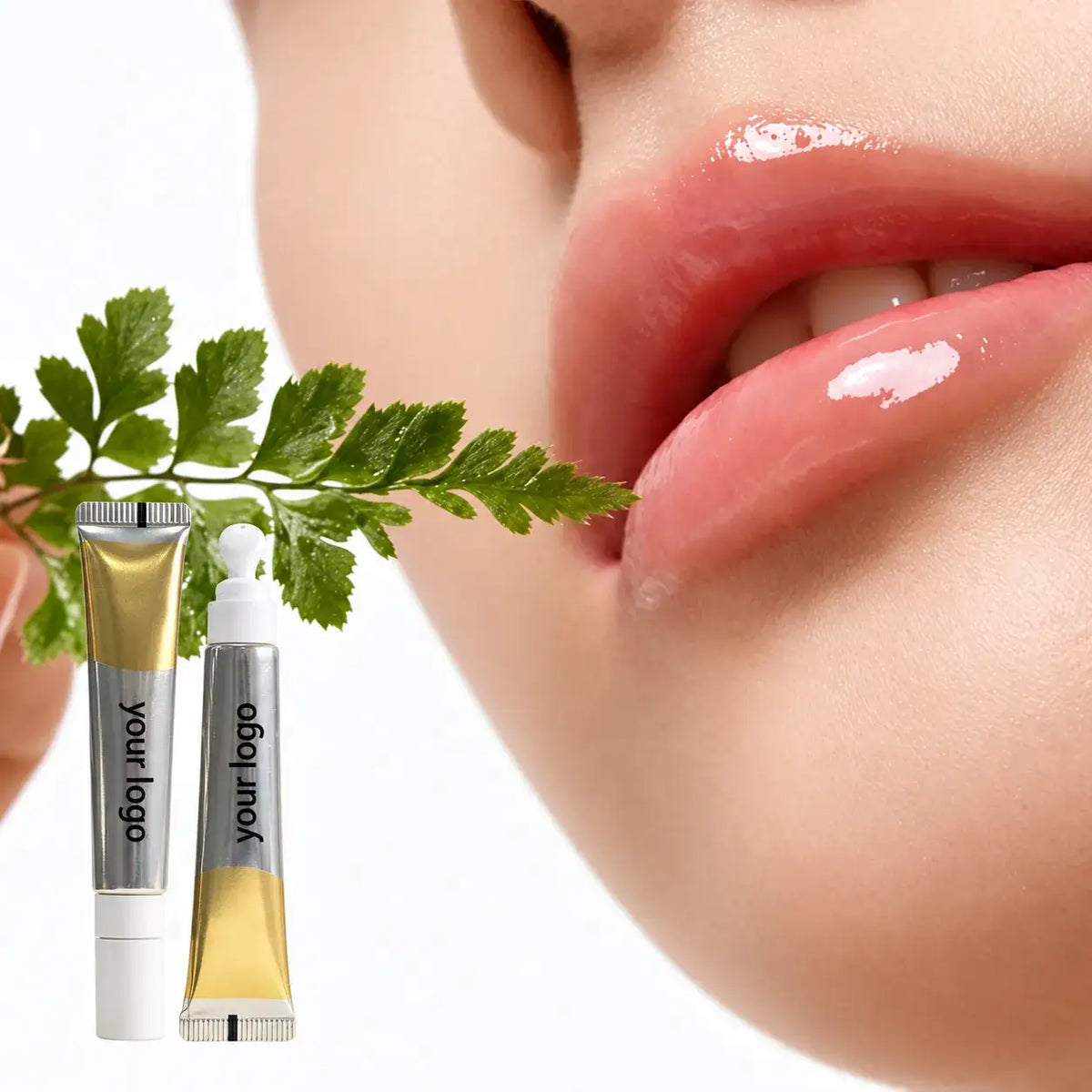 Clear lip oil being applied to the lips beside two KAIYA lip oil tubes and green leaves.