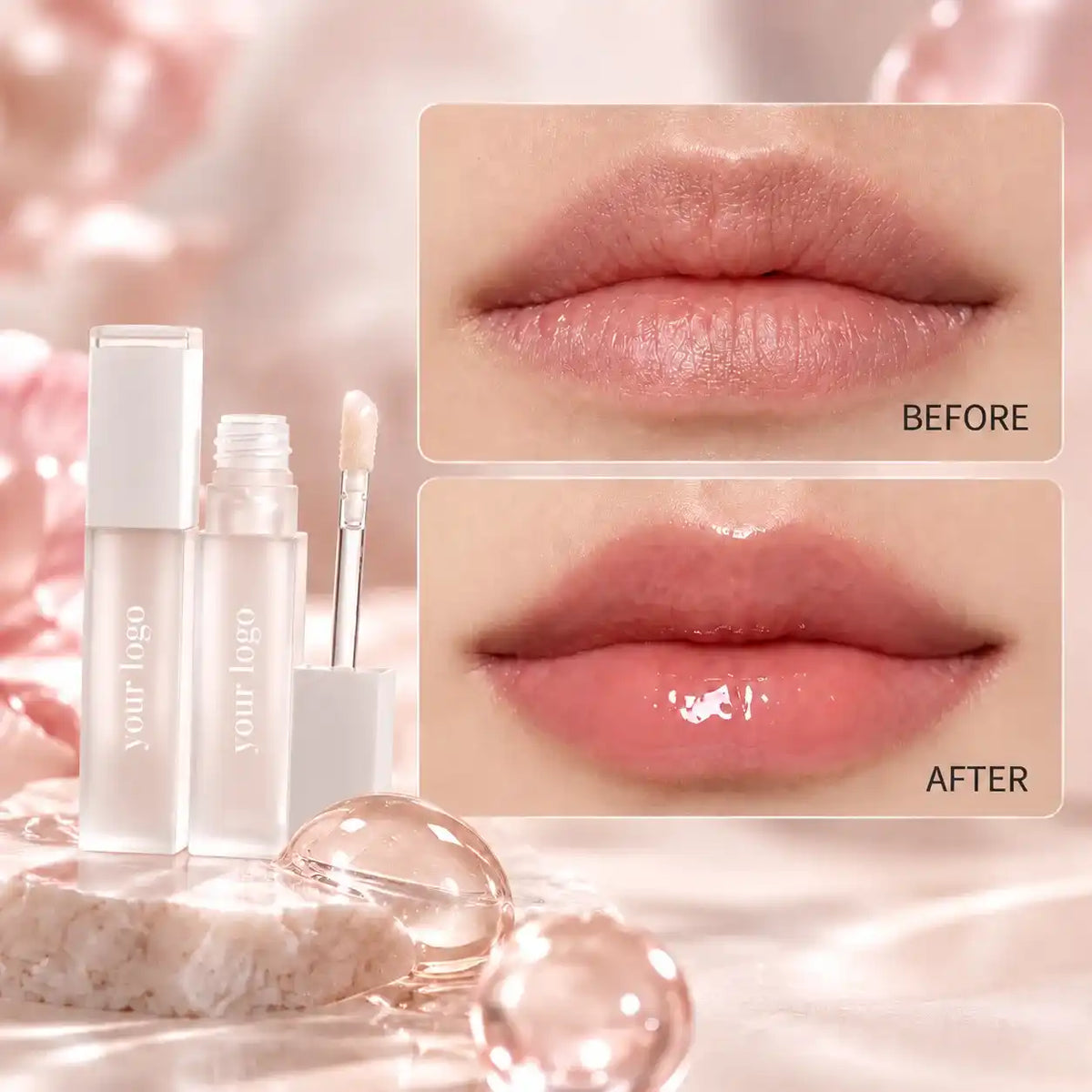 Clear plumping lip oil in frosted tubes with white caps, beside a before-and-after lip shine comparison.