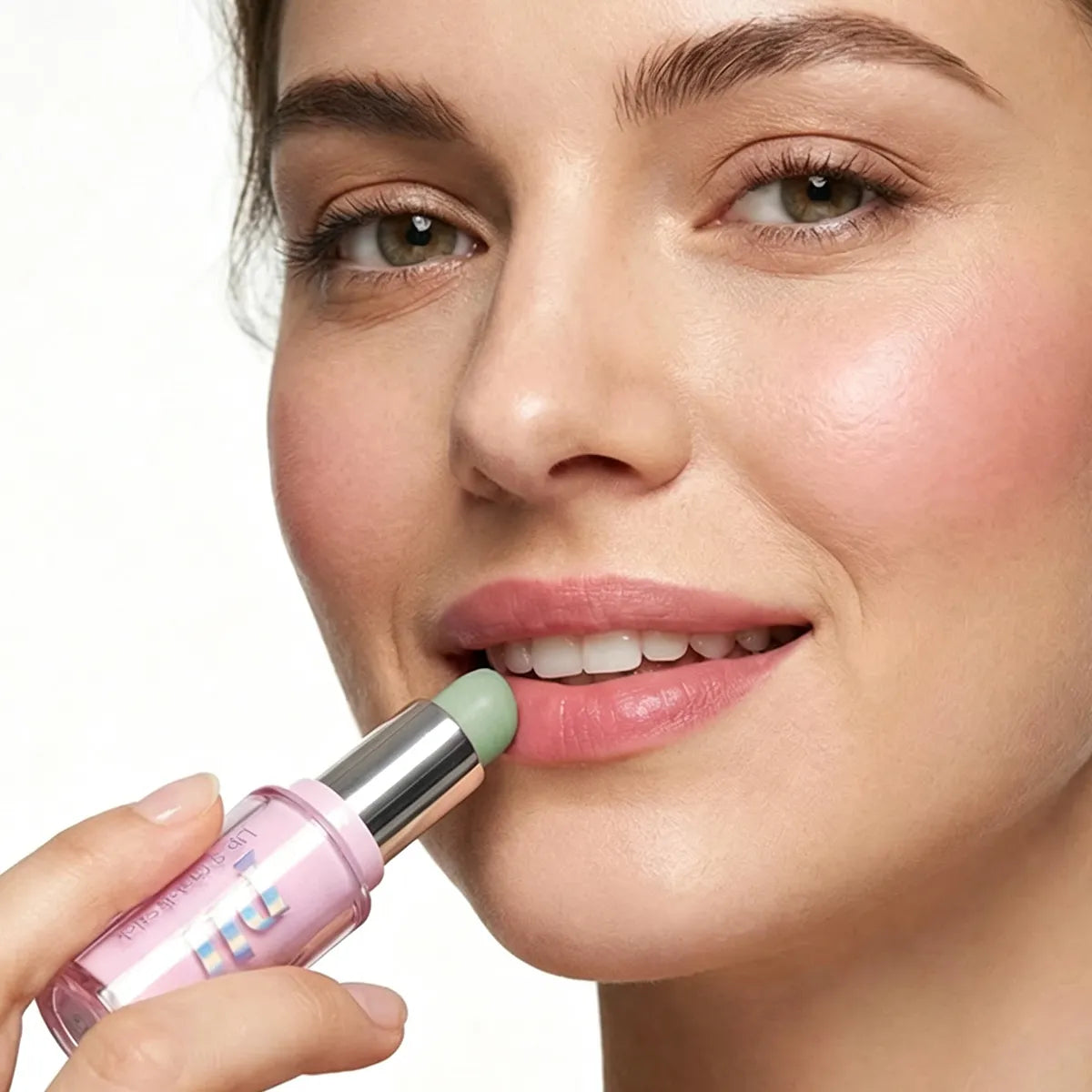 Model applying color-changing lip balm with a soft pink tint and moisturizing finish.