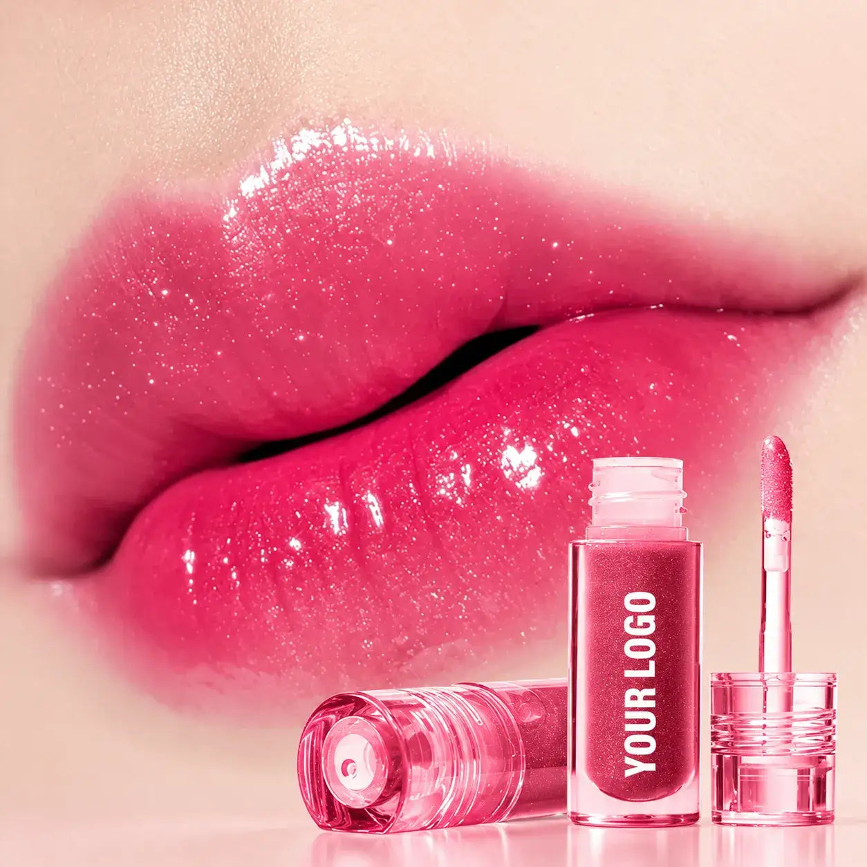 Glossy pink lips shown with a KAIYA color-changing lip oil tube and applicator.