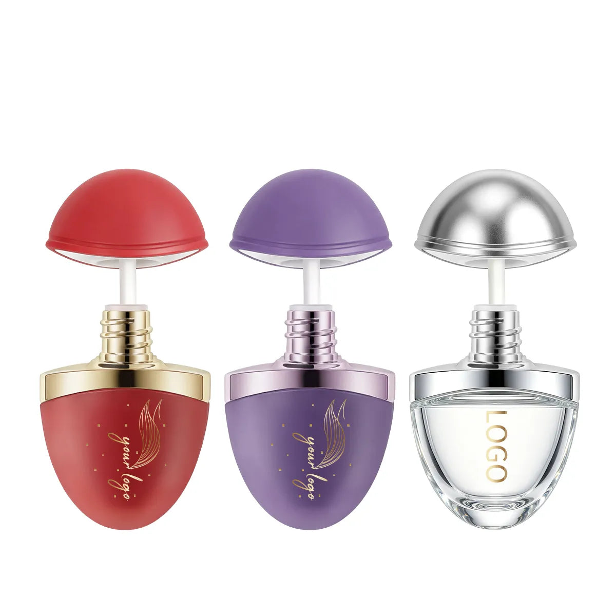 Colored lip gloss tubes in red and purple beside a clear version, each shown with its dome cap removed