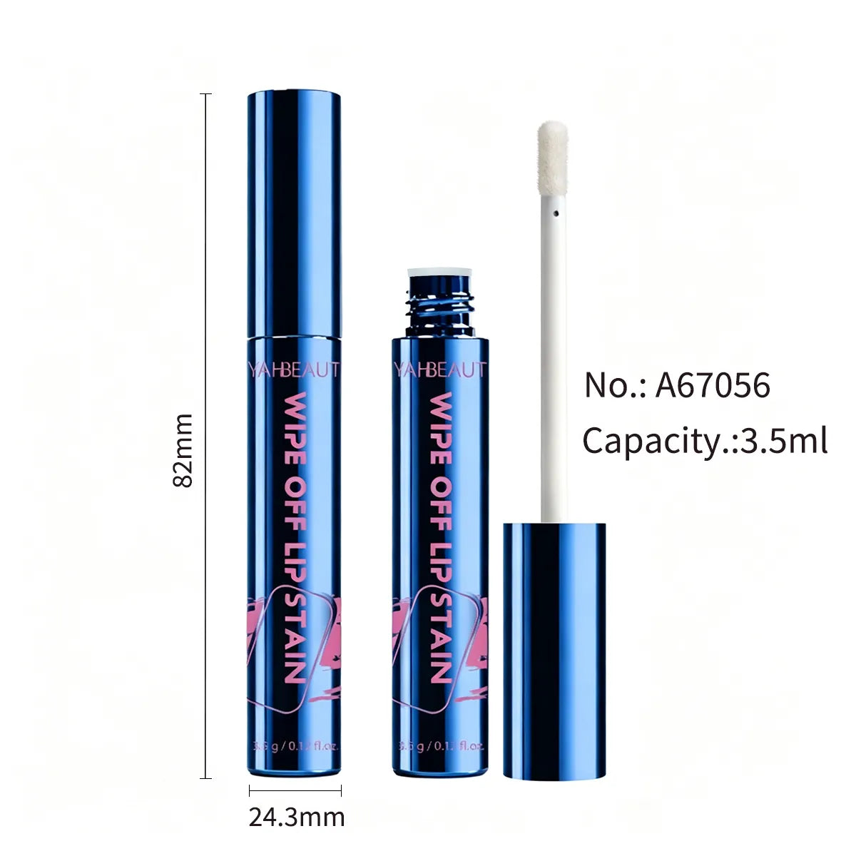 Blue A67056 lip gloss container shown closed and open with a white wand and dimension markings