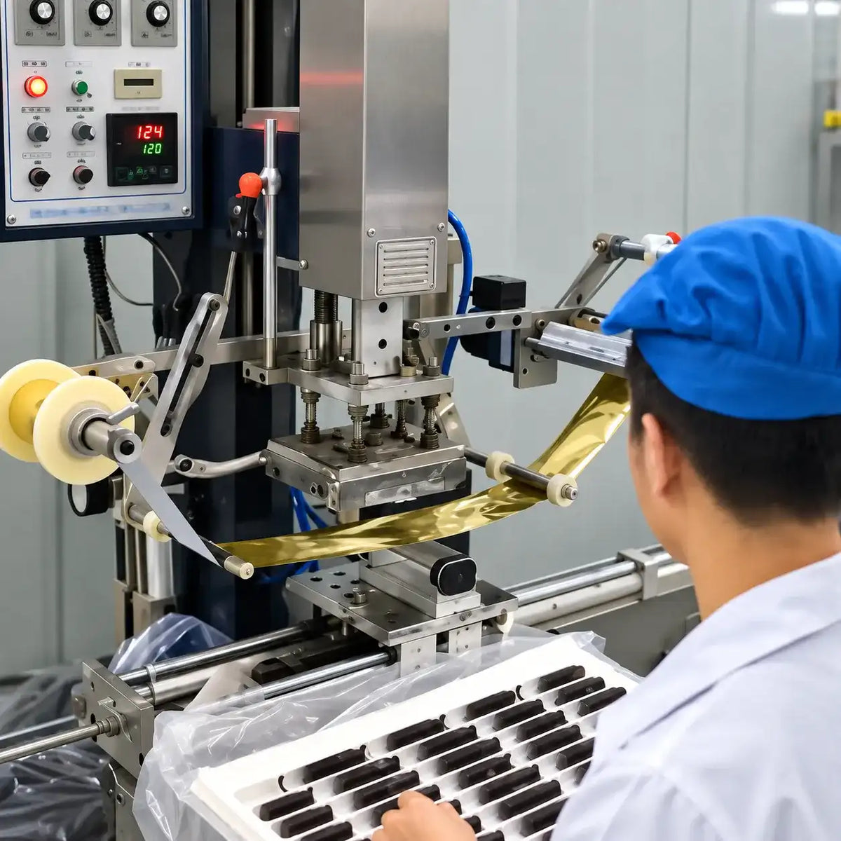 Hot stamping machine at Kaiya, a cosmetic manufacturer for custom cosmetic packaging decoration