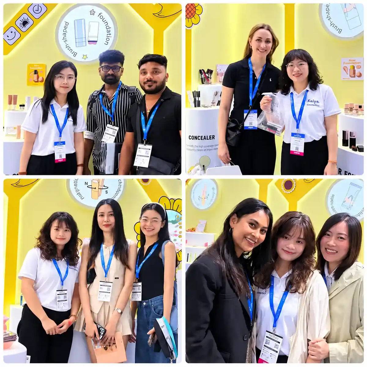 KAIYA team meeting brand partners at a cosmetics trade show, highlighting relationships with cosmetic manufacturing companies