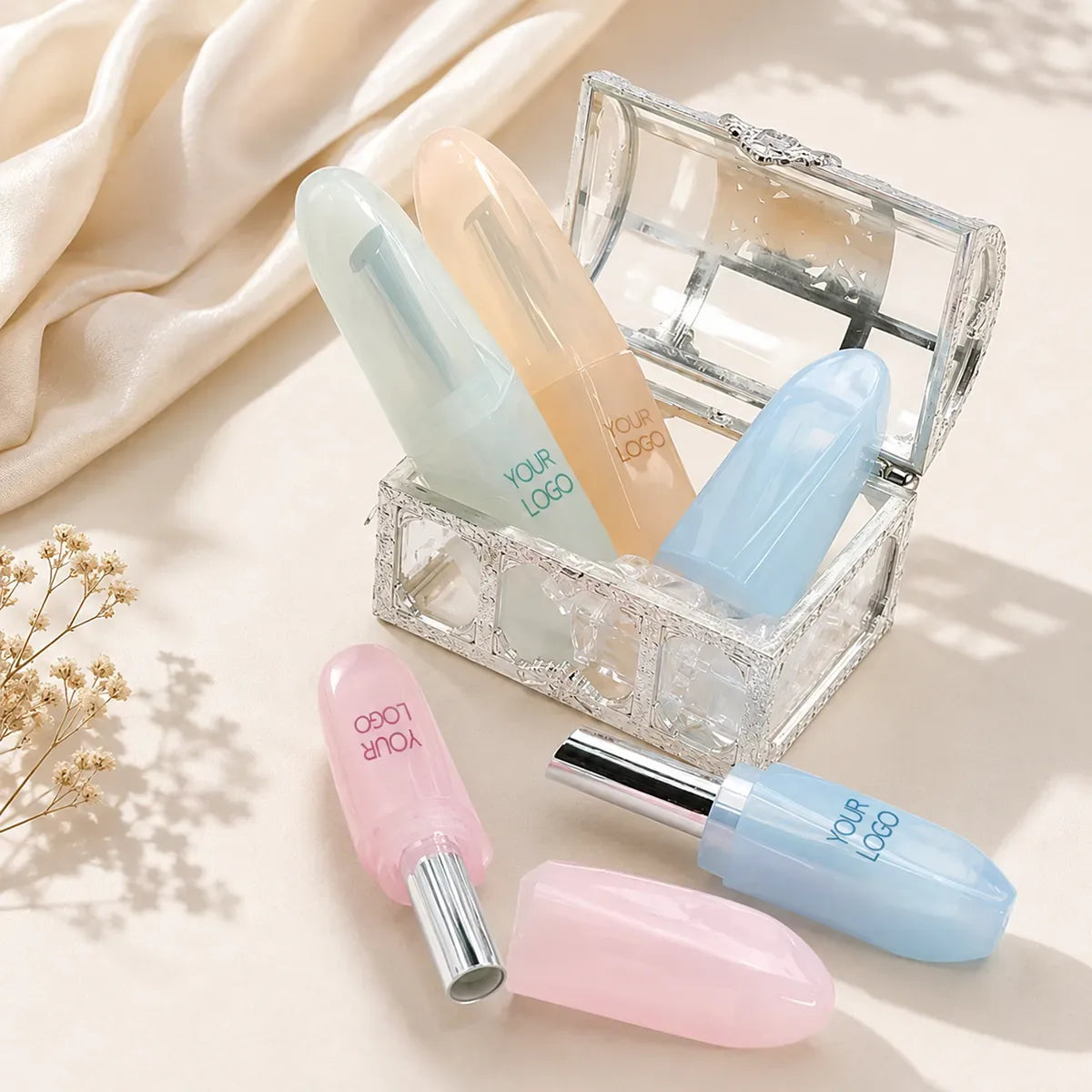 Cosmetic packaging supplier KAIYA, featuring empty lip balm containers and assorted color makeup packaging for beauty brands.