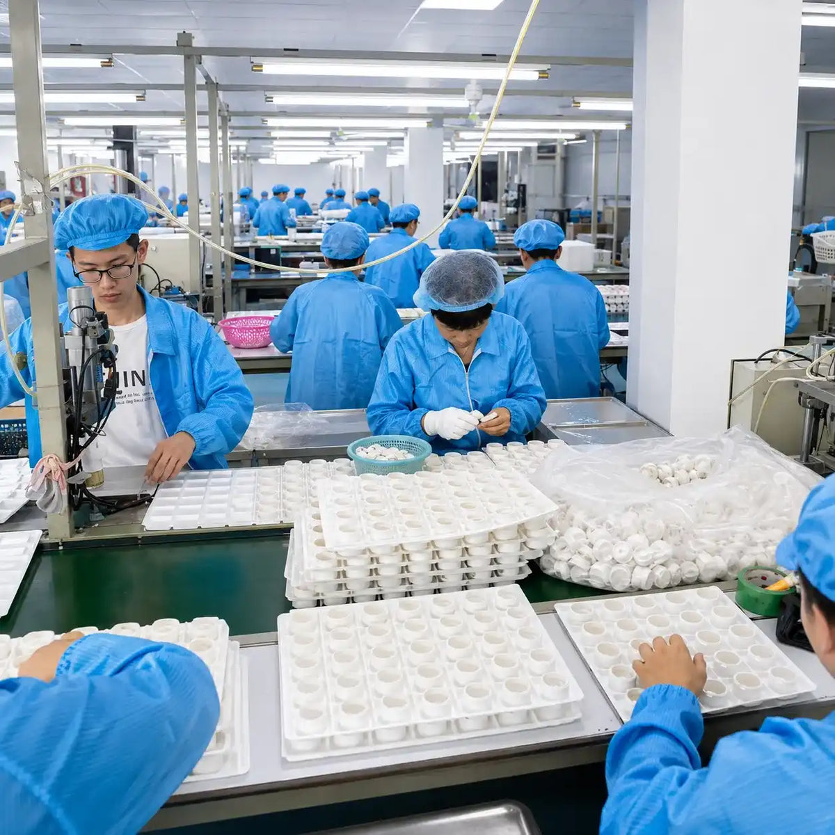 KAIYA cosmetic packaging supplier in China with workers assembling and inspecting color cosmetic packaging components in the factory