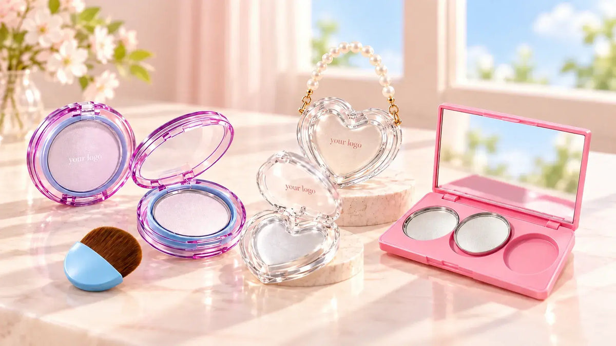 KAIYA cosmetic palette packaging collection with clear, shaped, hanging, and multi-pan empty makeup palette options