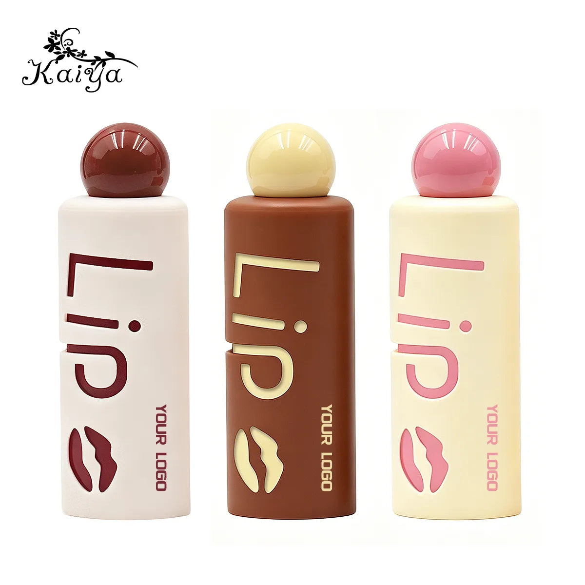 Creative lip gloss containers in coordinated brown, cream and pink color options