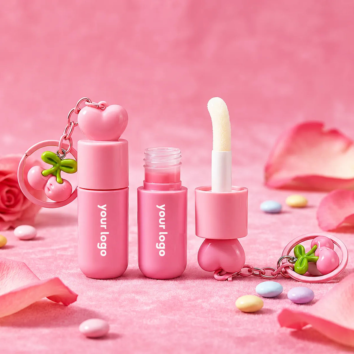 Creative lip gloss containers with heart-shaped caps and decorative charm attachments, Kaiya