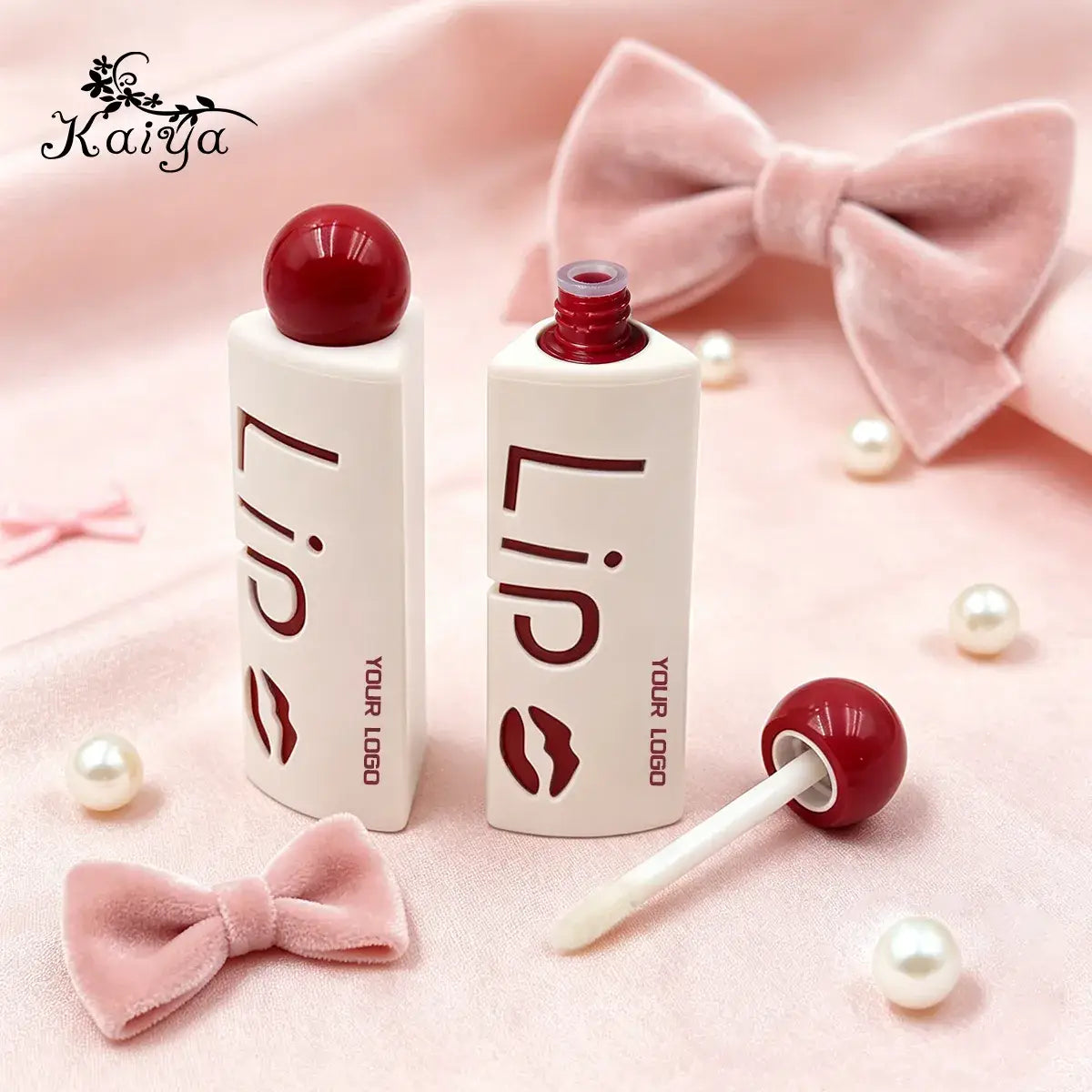 Creative lip gloss packaging shown open with flocked applicator and rounded cap