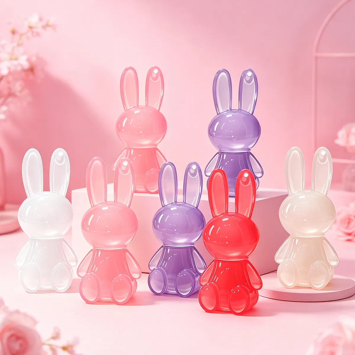 Creative lip gloss packaging with molded rabbit-shaped containers in multiple translucent colors, Kaiya