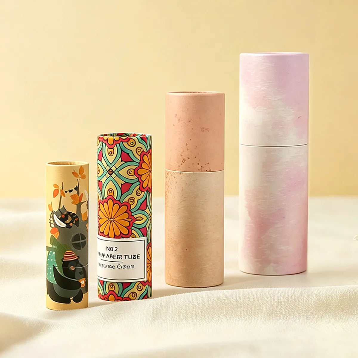 Alt text：
Kaiya custom cardboard cosmetic packaging collection with printed paper tubes and larger paper stick containers