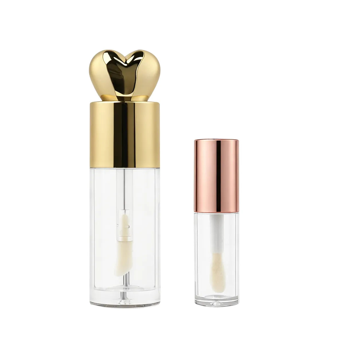 KAIYA custom cosmetic bottles in different size options with clear bodies and metallic caps for lip gloss, roll-on, or liquid makeup packaging projects