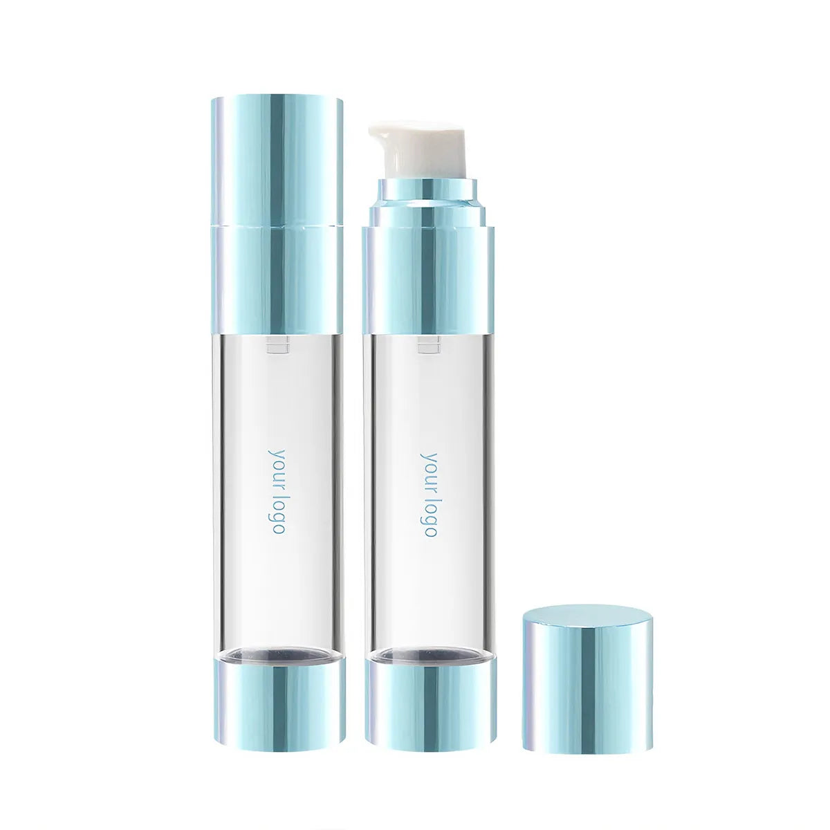 KAIYA custom cosmetic bottles with light blue caps and surface finish options for color makeup bottle projects