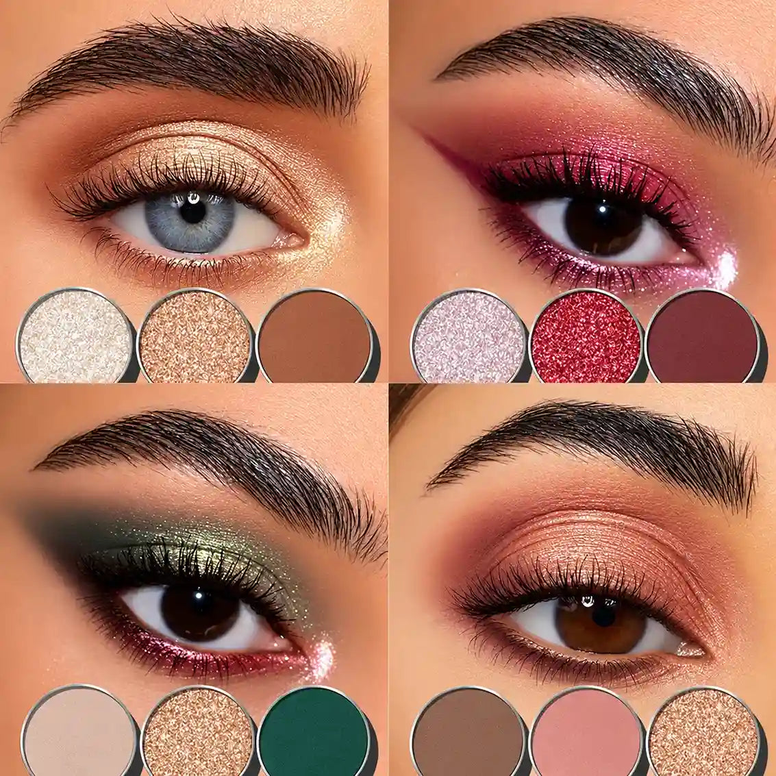 KAIYA custom eyeshadow palette shade examples pairing neutral, burgundy, green and rose eye looks with coordinating pans.