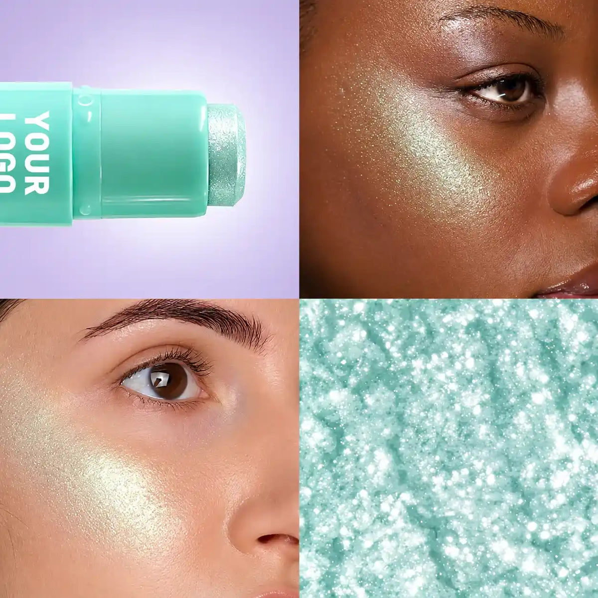 Mint-colored highlighter stick with green-gold cheek swatches on two skin tones and a close-up of the shimmer texture.