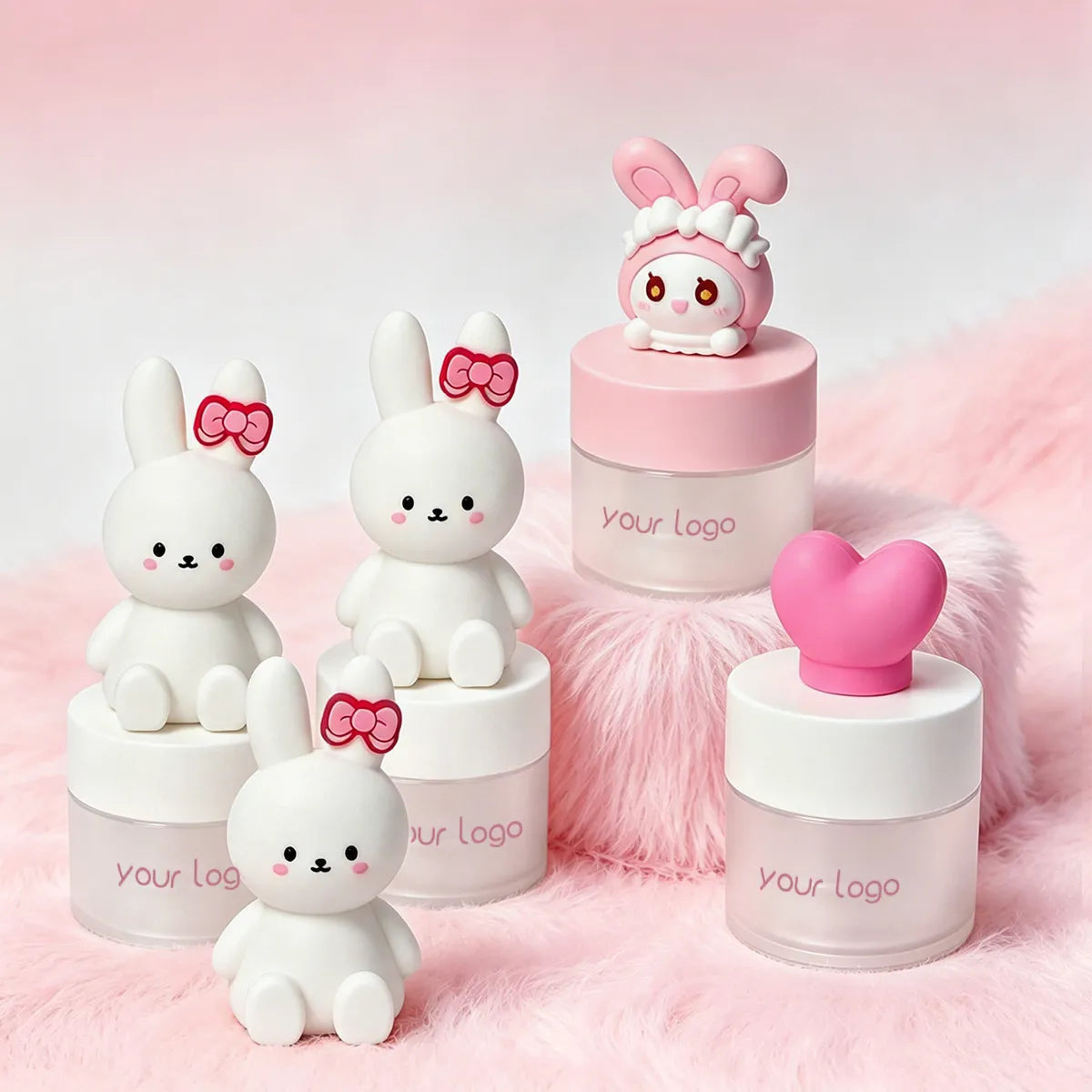 Custom lip balm containers with cute bunny and heart-shaped caps for private label beauty brands.