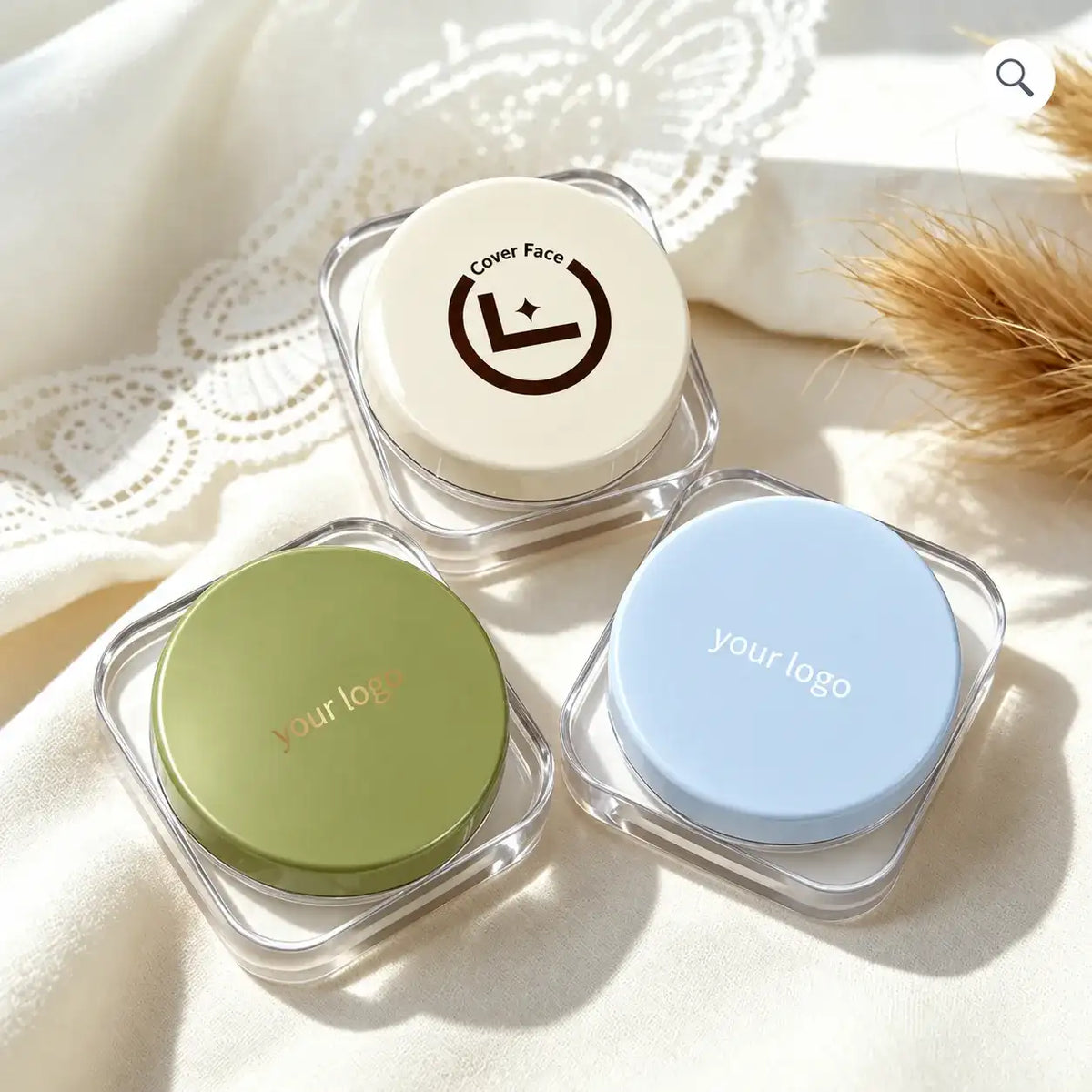 Custom lip balm jars with clear square bodies and multiple cap color options by KAIYA