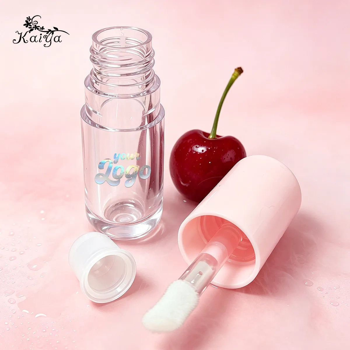 Custom lip gloss container B86056 with an open bottle and applicator, showing component options for lip gloss tubes with applicator by KAIYA.