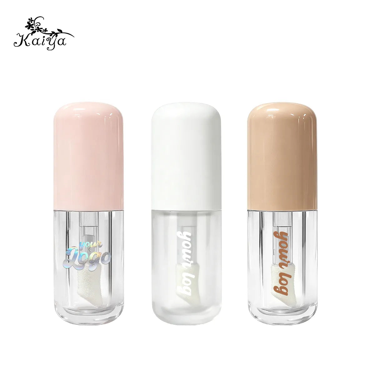 Custom lip gloss container with pink, white and beige ABS cap color options and clear bottle design by KAIYA.