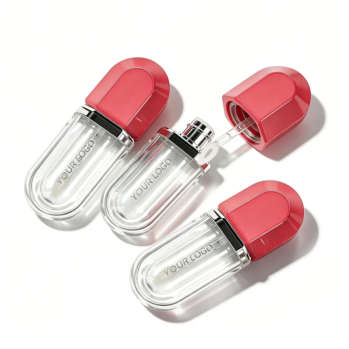 Kaiya custom lip gloss tubes with rose pink ABS caps and clear bodies