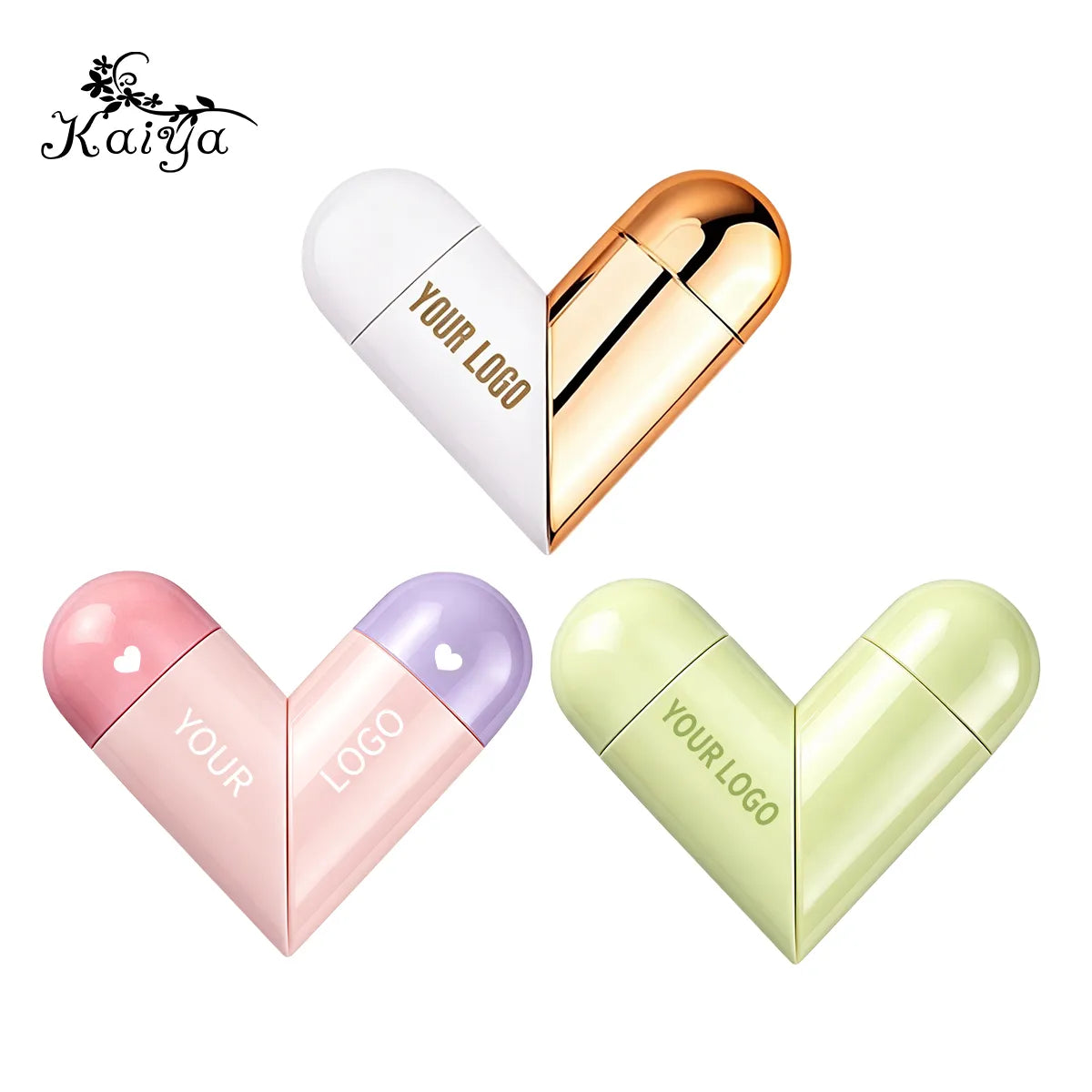 Heart shaped lip gloss tubes in multiple custom color combinations for brand packaging projects