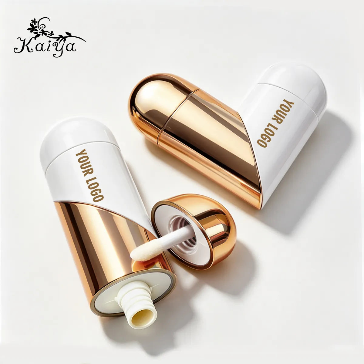 Heart shaped lip gloss tubes with double-ended design in multiple color combinations