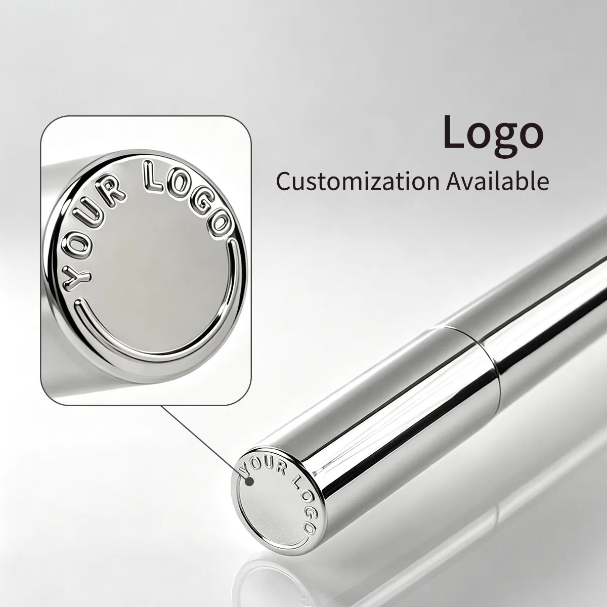 Kaiya silver custom lip gloss tube showing a molded logo on the end cap