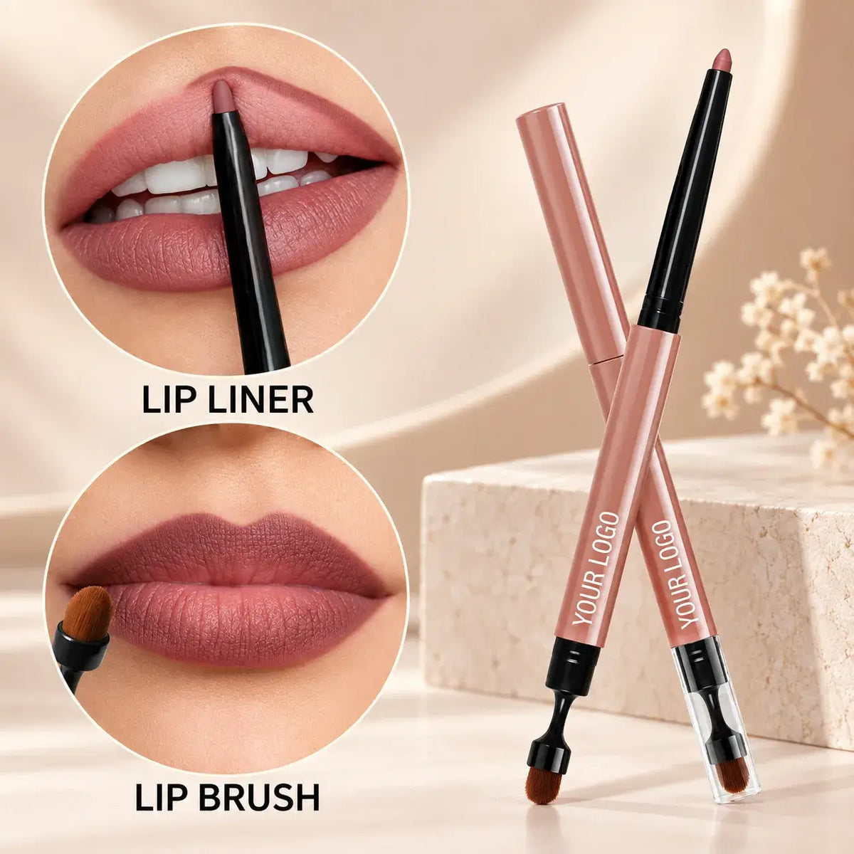 Kaiya custom lip liner with dual-ended lip pencil and blending brush design for precise outlining and softer color diffusion.