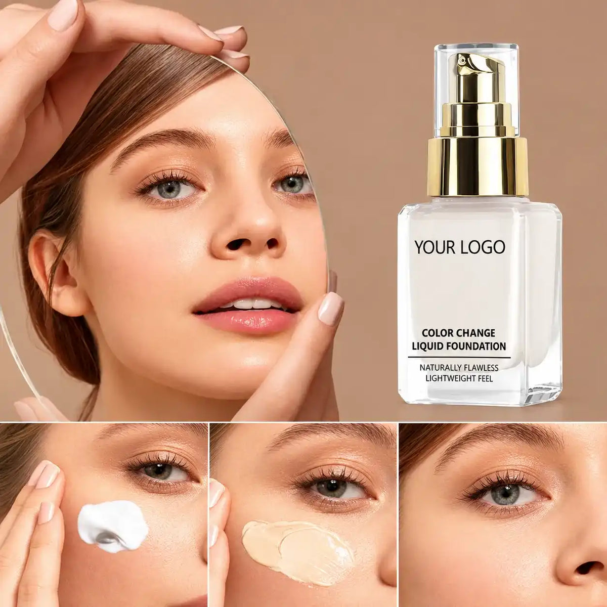 Custom liquid foundation with color-reveal formula designed for private label foundation development