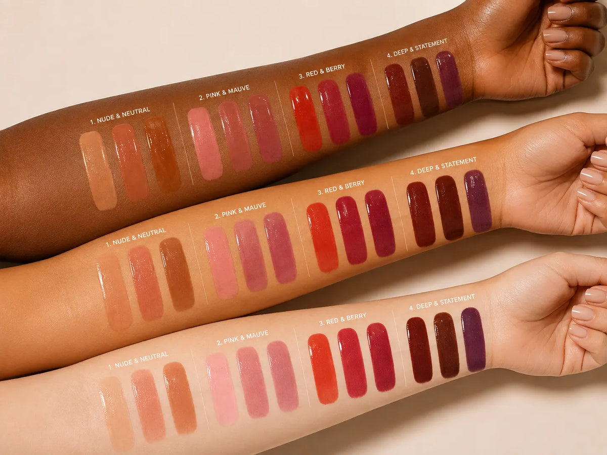 Custom liquid lipstick shade chart with nude, mauve, red, berry and deep swatches on varied skin tones