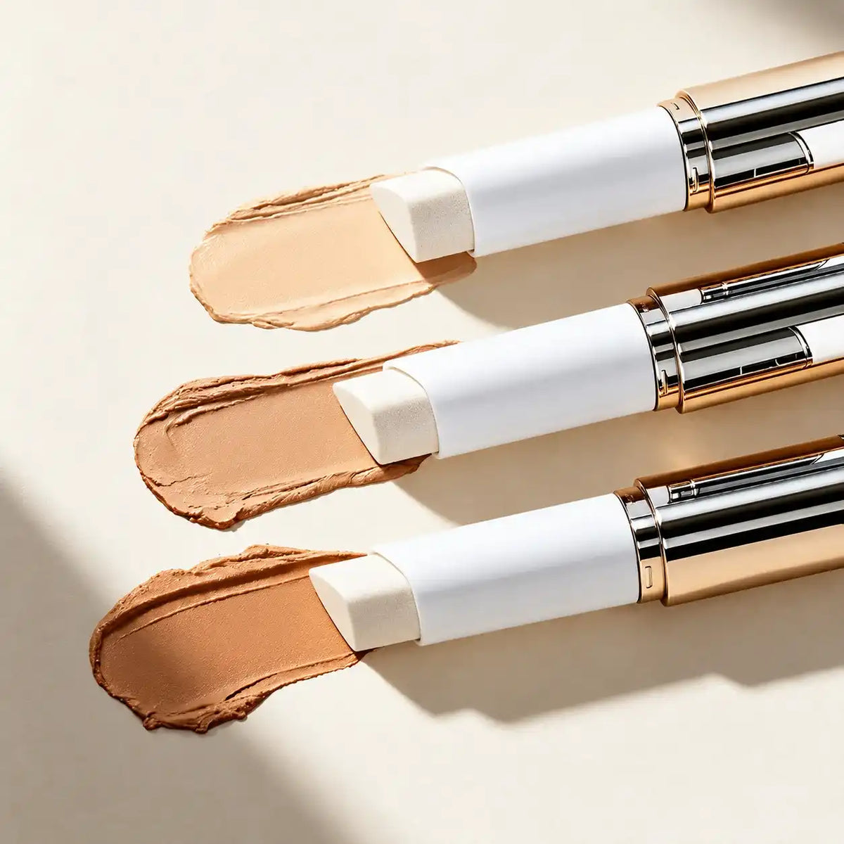 Custom makeup foundation stick with color-changing formula and direct application design