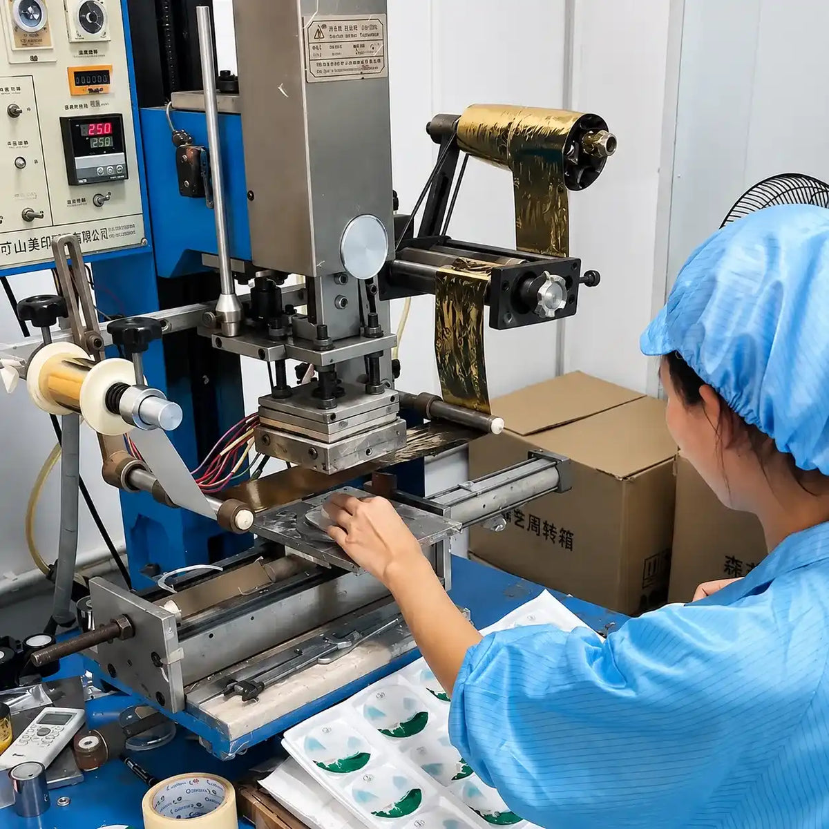 KAIYA custom makeup packaging production in China using hot stamping equipment for metallic foil decoration on cosmetic components