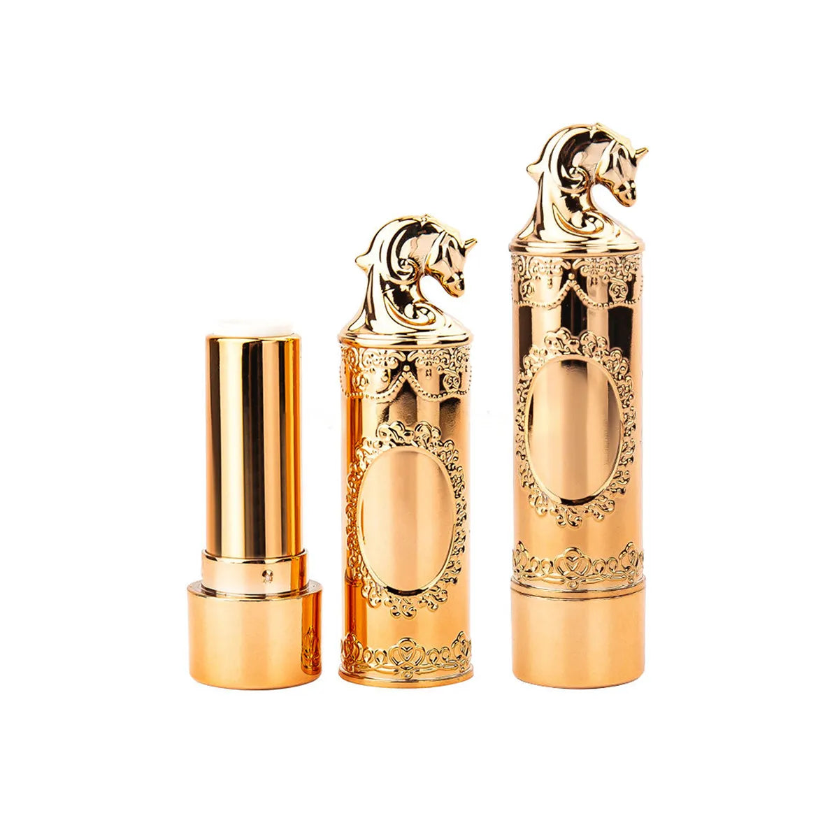 Custom packaging for luxury cosmetics in gold makeup packaging style, featuring ornate gold lipstick tubes with decorative horse-head caps.