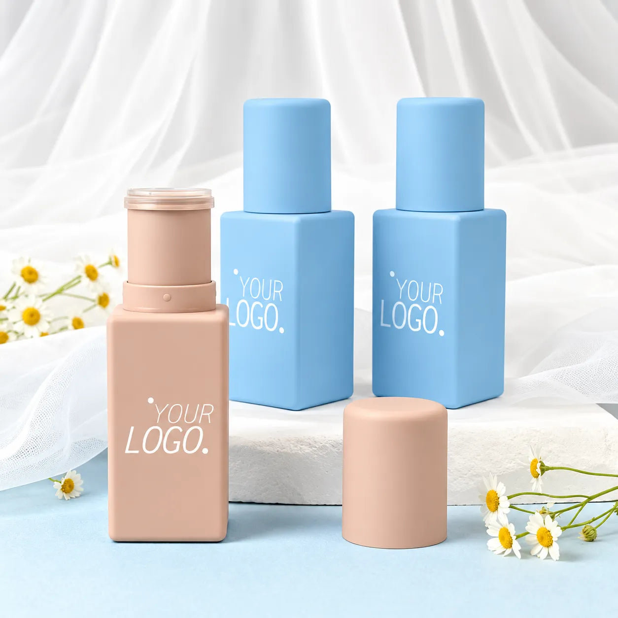 custom sunscreen stick container in pastel square packaging for portable SPF products