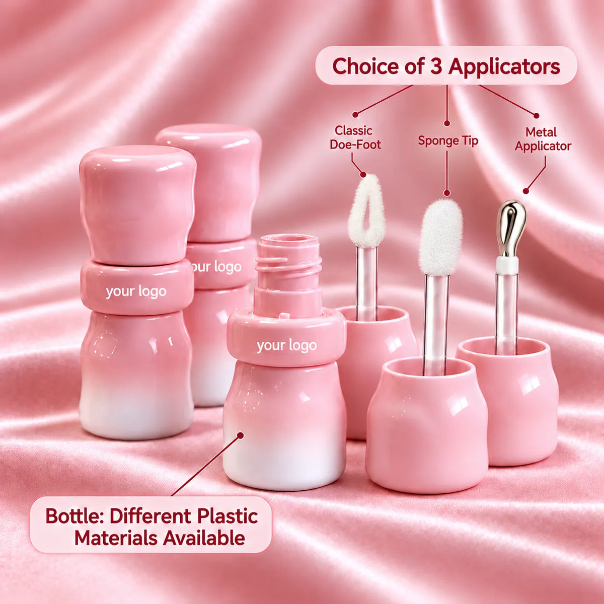 Kaiya pink customized lip gloss tubes with three applicator options