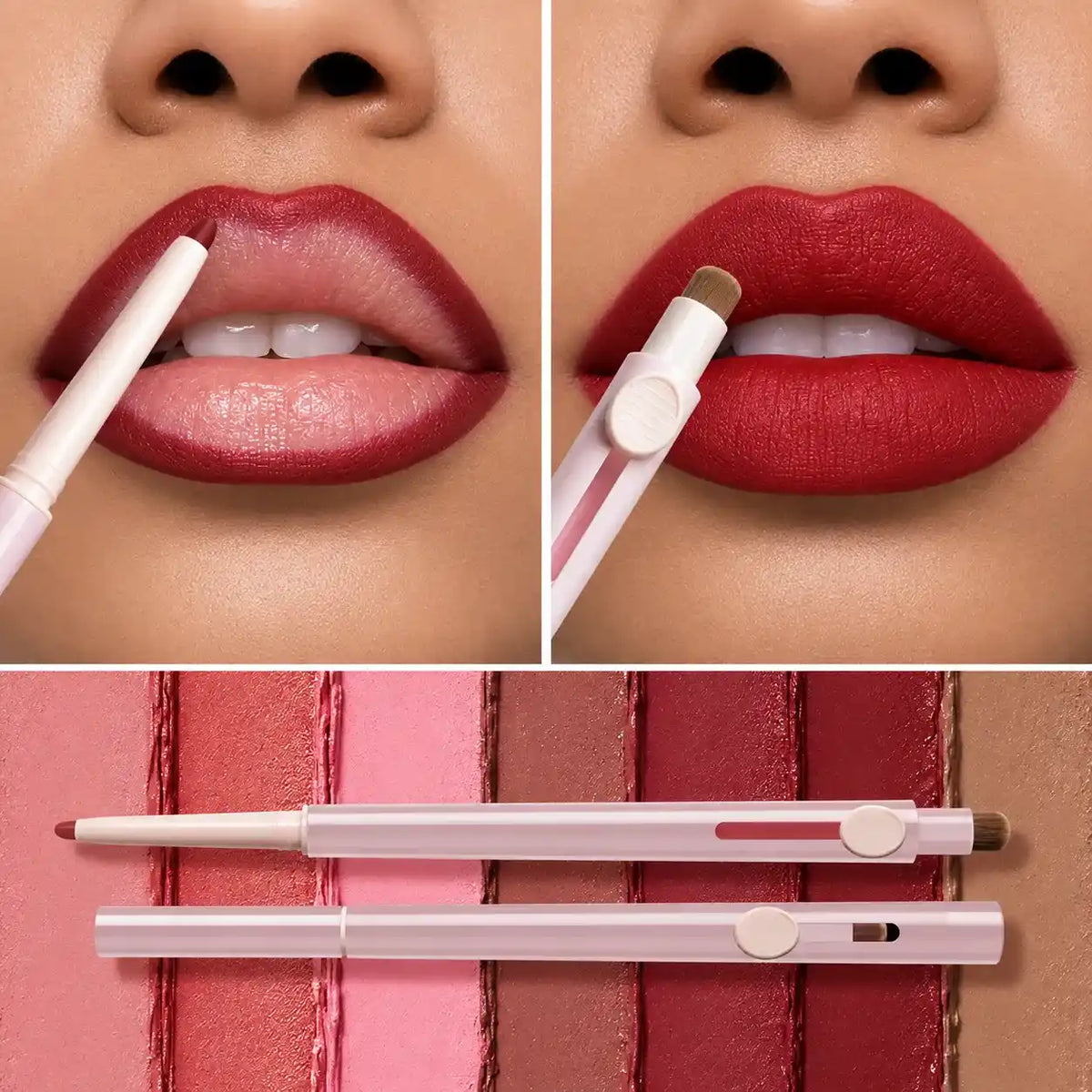 Kaiya customized lip liner design showing precision outlining, blending application and dual-ended cosmetic tool options.