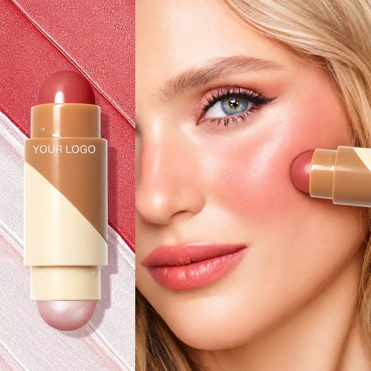 Dual-ended highlighter and blush stick with a pearlescent end and a rosy end, shown applying blush to a model's cheek.