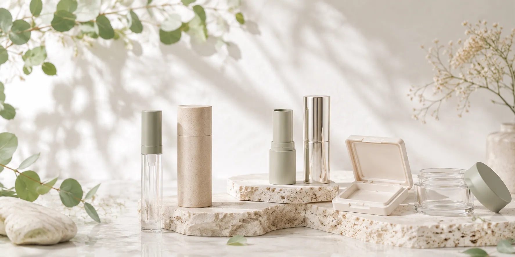 Eco friendly cosmetic containers wholesale by KAIYA, showing lip gloss tubes, cardboard tubes, lipstick packaging, compact cases, and cosmetic jars for makeup brands.