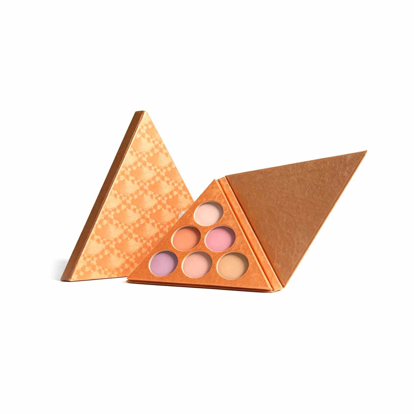Kaiya empty cardboard eyeshadow palette with triangle folding design and six-pan layout for custom eye makeup packaging.