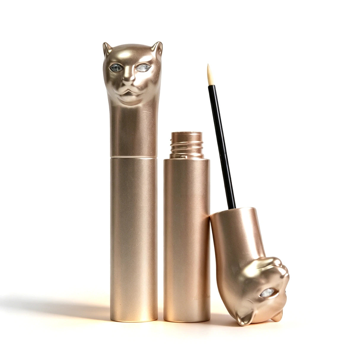 Empty eyeliner bottle with leopard head cap design, suitable for custom liquid eyeliner packaging and luxury eye makeup bottle projects.