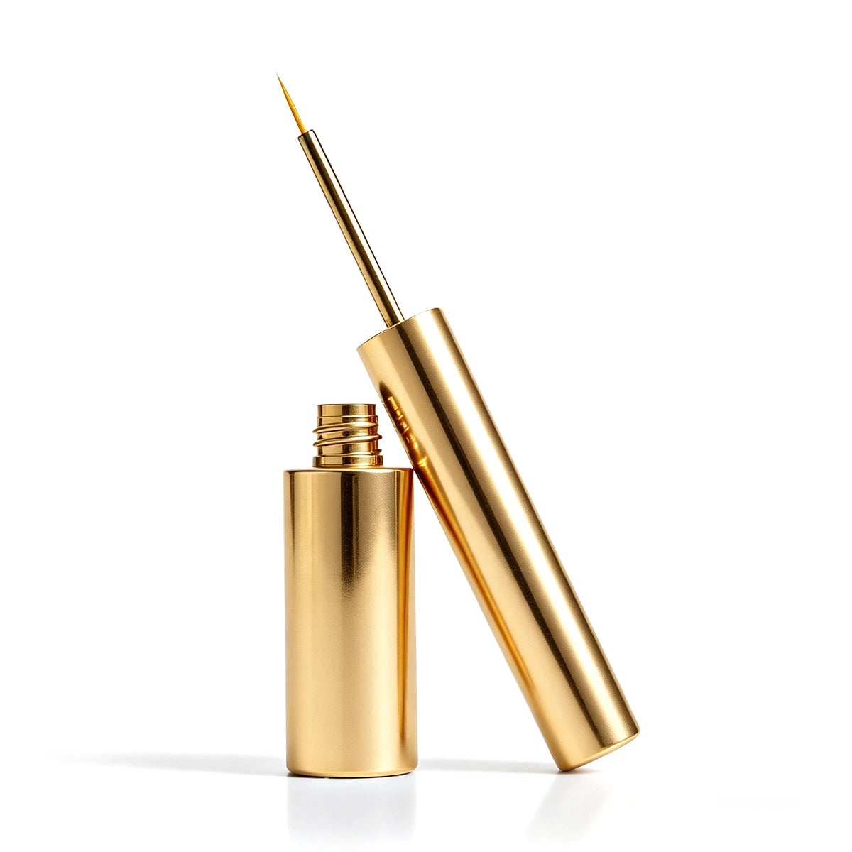 Gold empty liquid eyeliner container with slim brush applicator, suitable for custom liquid eyeliner bottle projects and premium eye makeup packaging.