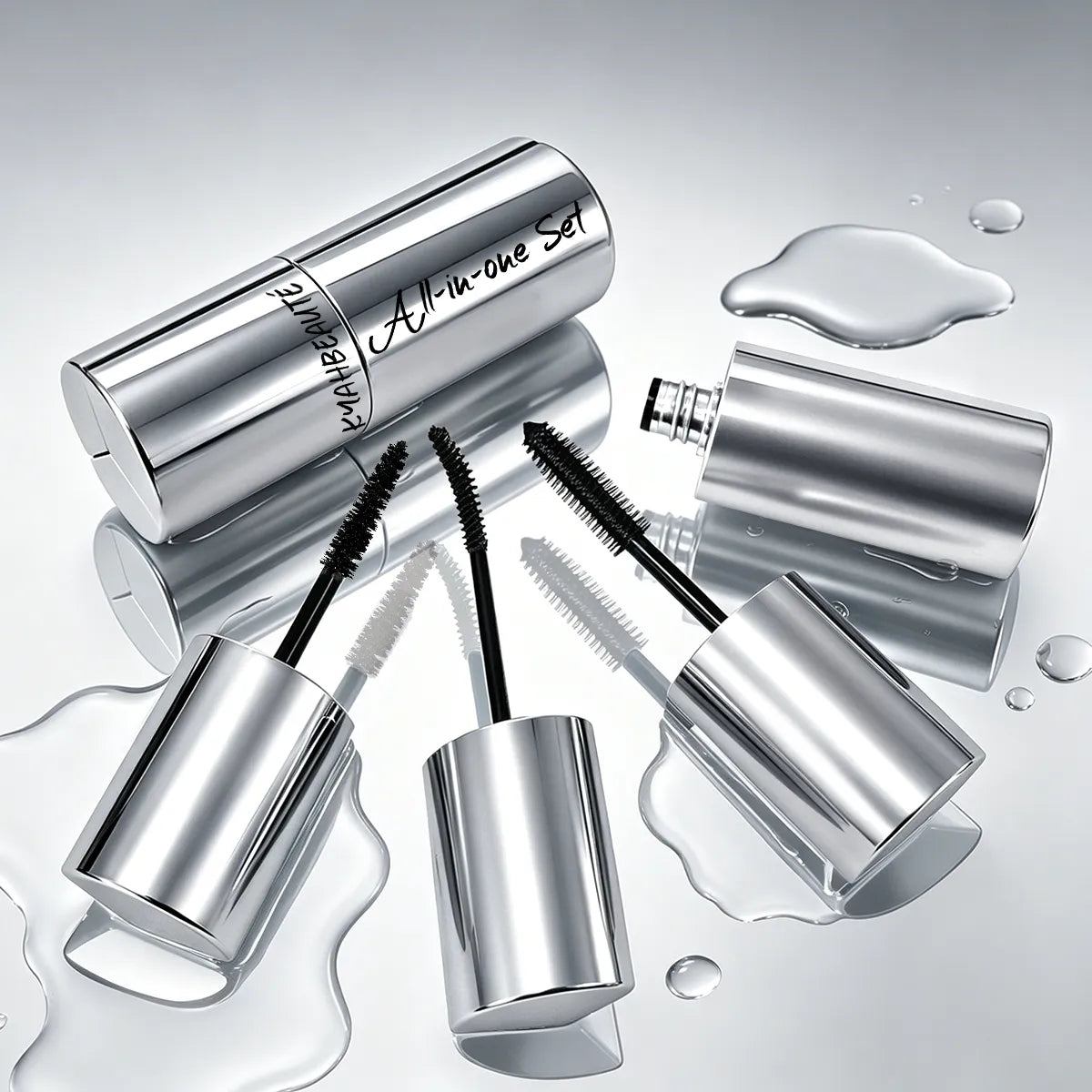 Empty mascara tube by KAIYA, featuring 3-in-1 magnetic makeup packaging with a mirror compact and phone stand design for modern eye makeup products.