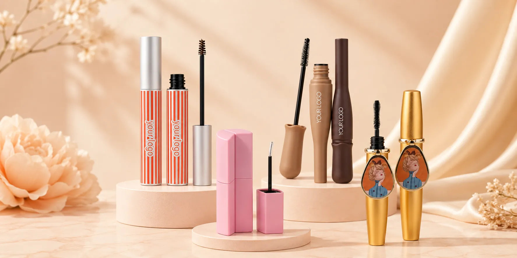Kaiya empty mascara tubes wholesale display with custom brush applicators, metallic caps, printed logo areas, and different tube designs for mascara packaging projects.