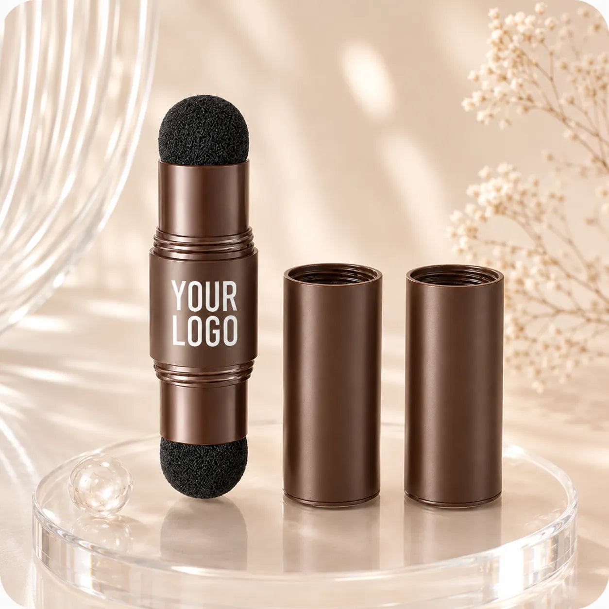 Brown stick-style eyebrow gel container with dual sponge applicator ends and matching caps, suitable for brow gel, brow pomade, and custom eyebrow stick packaging projects.