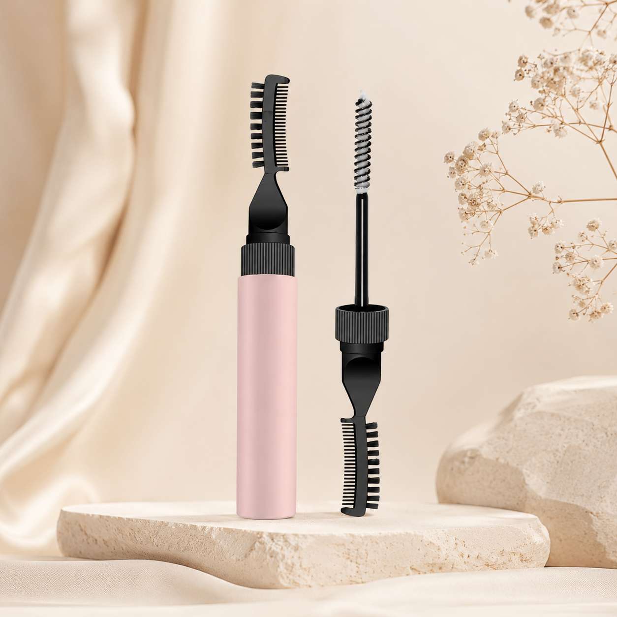 Eyebrow gel pink tube by KAIYA, featuring a pink eyebrow gel container with dual brush applicators and close-up brush detail in a clean product display.